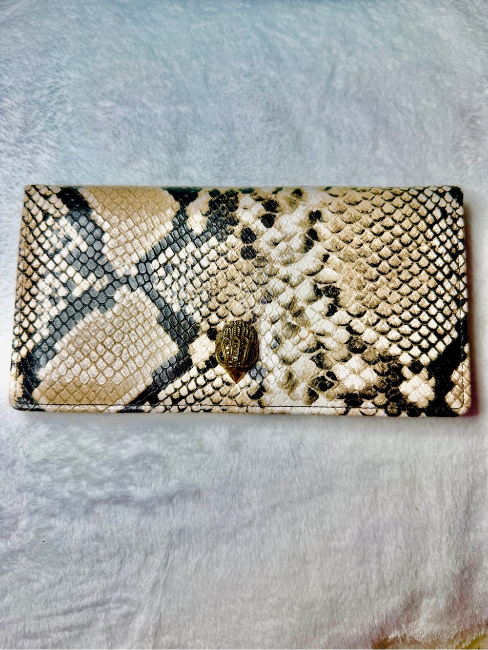 Kurt Geiger Snake-Print Leather Envelope Wallet in Beige and Black EUC
